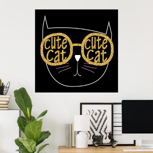 Cute Cat Glasses Graphic Gold Glitter Kitty Face  Poster