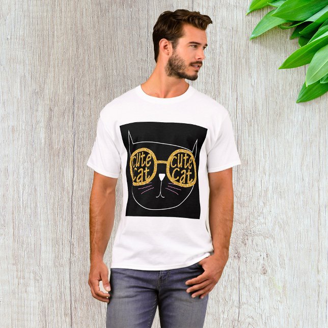 Cute Cat Glasses Graphic Gold Glitter Kitty Face  T-Shirt (Creator Uploaded)