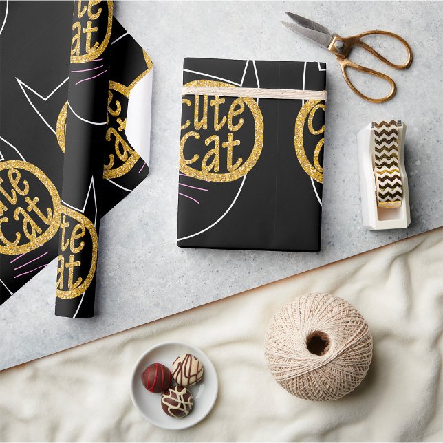 Cute Cat Glasses Graphic Gold Glitter Kitty Face  Wrapping Paper (Creator Uploaded)