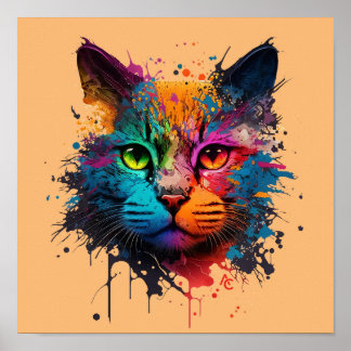 Cute Cat - Graffiti Neon Ink Splash Poster