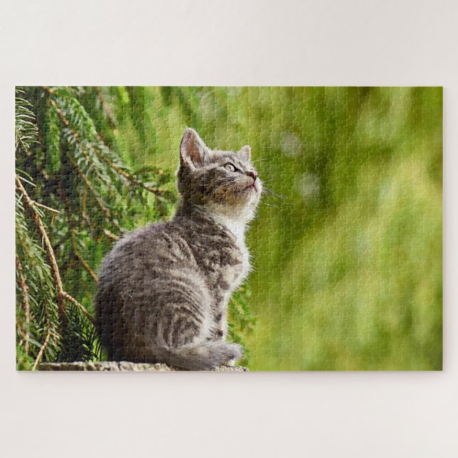 Cute Cat Gray Kitten Green Pine Tree Jigsaw Puzzle (Horizontal)