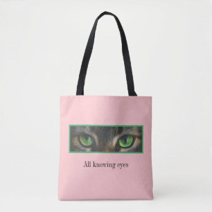 Cute cat green eyes on coral pink tote bag