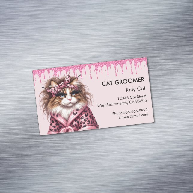 Cute Cat Groomer Sitter Pink Glitter Dripping Magnetic Business Card (In Situ)