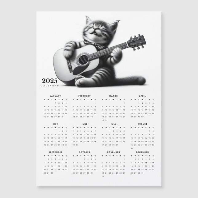 Cute Cat Guitarist Scarf 2025 Magnetic Calendar (Front)