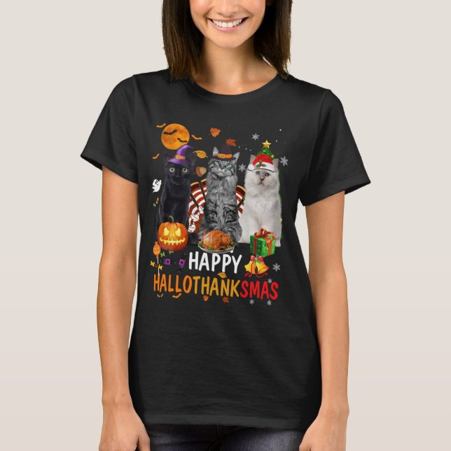 Cute Cat Halloween Merry Christmas Happy Hallothan T-Shirt (Front)