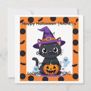 Cute Cat Halloween Party Invitation Editable Kaw