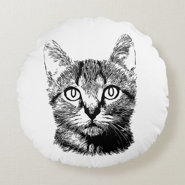 Cute Cat Hand Drawn Kitten Black & White Meow Round Cushion (Front)
