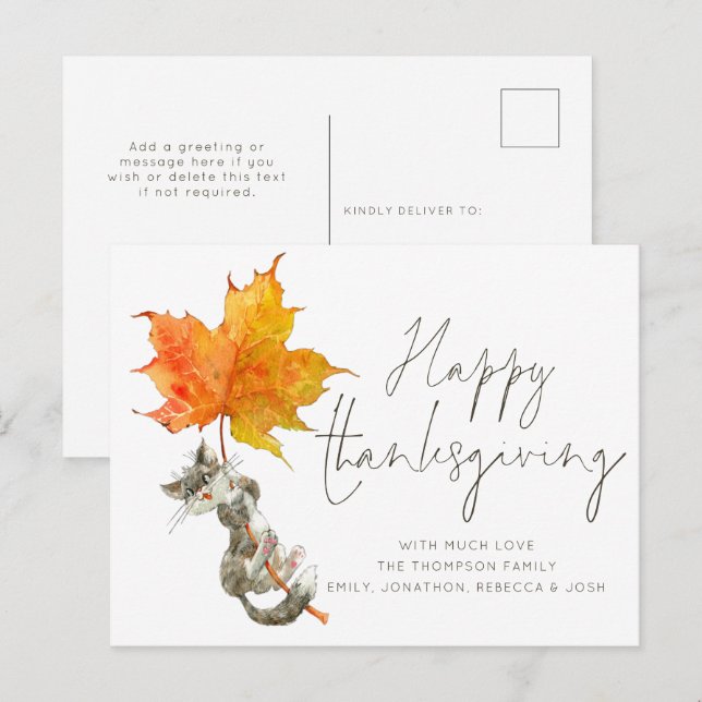 Cute Cat Handwriting Script Happy Thanksgiving Postcard (Front/Back)