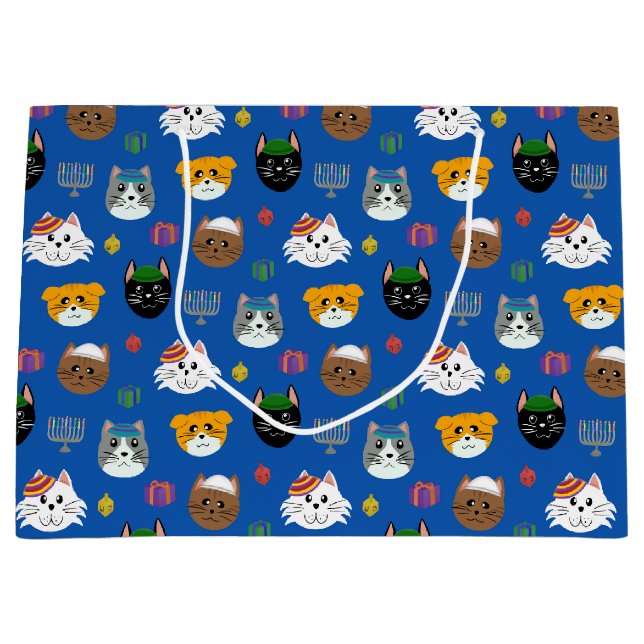 Cute Cat Hannukah Patterned Large Gift Bag (Front)