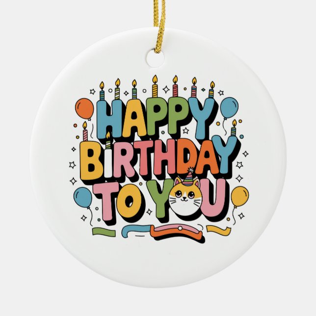 Cute Cat Happy Birthday Ceramic Tree Decoration (Front)