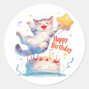 Cute Cat Happy Birthday Classic Round Sticker