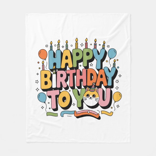 Cute Cat Happy Birthday Fleece Blanket (Front)