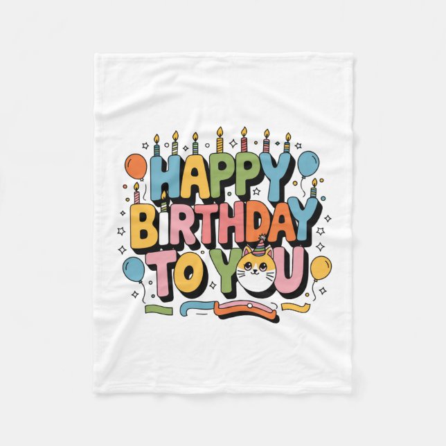 Cute Cat Happy Birthday Fleece Blanket (Front)