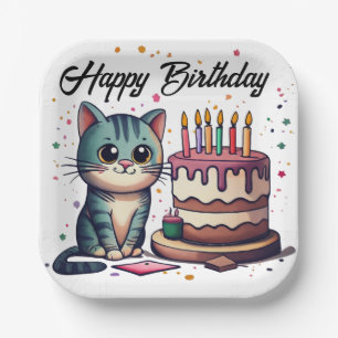 Cute Cat Happy Birthday Paper Plate