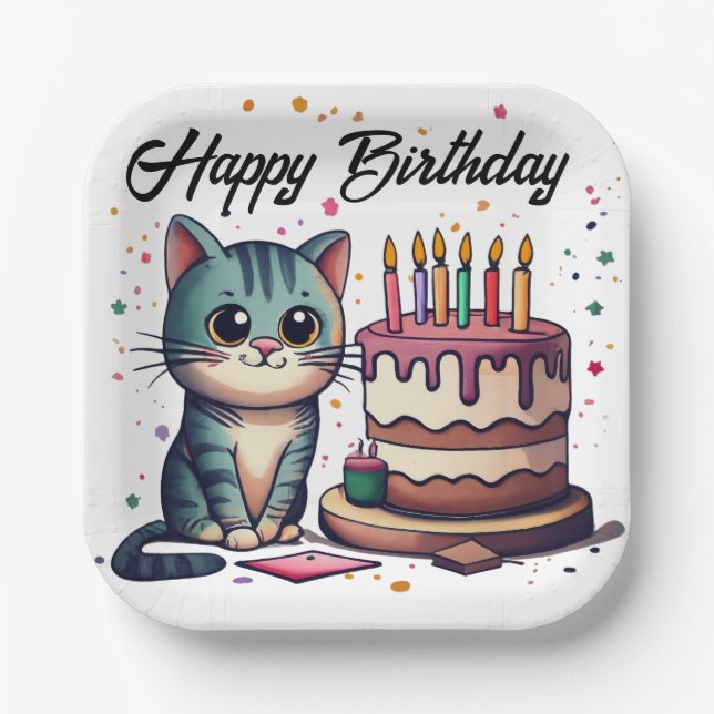 Cute Cat Happy Birthday Paper Plate (Front)