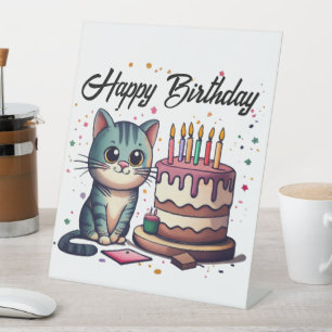 Cute Cat Happy Birthday Pedestal Sign
