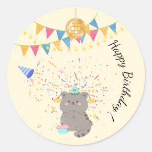 Cute Cat Happy Birthday Round Sticker Pastel