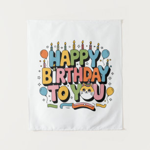 Cute Cat Happy Birthday Tapestry
