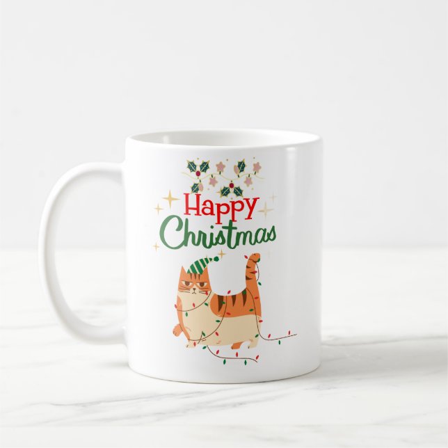 Cute Cat 'Happy Christmas' Holiday Mug (Left)