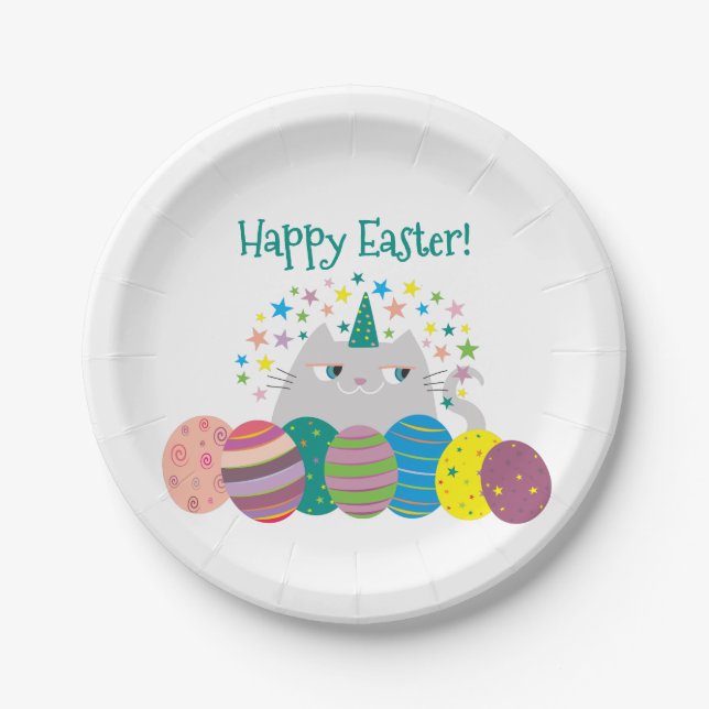 Cute Cat Happy Easter Paper Plate (Front)