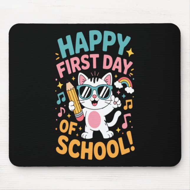 Cute Cat Happy First Day Of School Back To School Mouse Mat (Front)