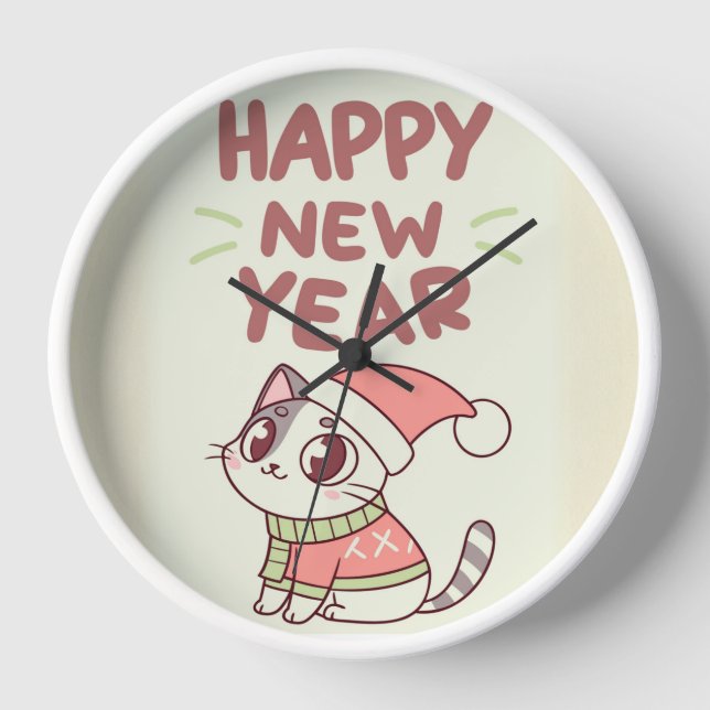 cute cat happy new year clock (Front)