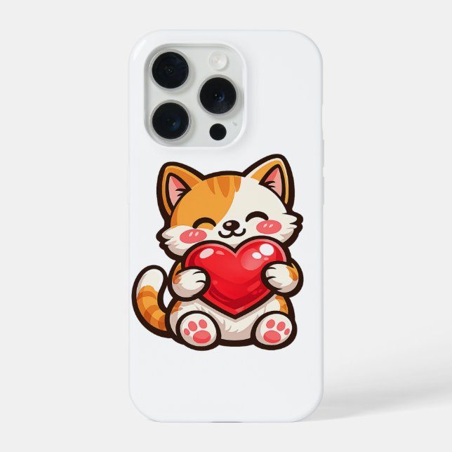 Cute Cat Heart – Kawaii Cat Hugging Red Heart, Cut iPhone Case (Back)