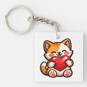 Cute Cat Heart Keychain – Kawaii Cat Hugging 