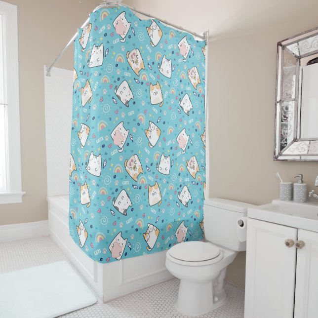 Cute Cat Heart Rainbow Paw Fish Light Blue Themed Shower Curtain (In Situ)