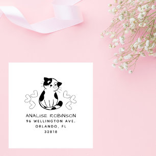 Cute Cat & Hearts Custom Return Address Rubber Stamp