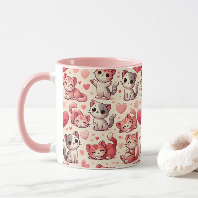 Cute Cat & Hearts Pattern Mug – Pink & Red  (With Donut)