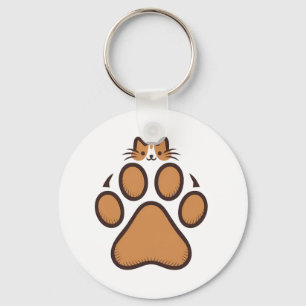 Cute Cat Hiding in Paw Print - Illustration Key Ring