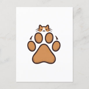 Cute Cat Hiding in Paw Print - Illustration  Postcard