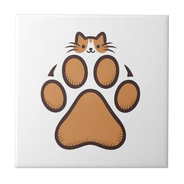 Cute Cat Hiding in Paw Print - Illustration  Tile (Front)