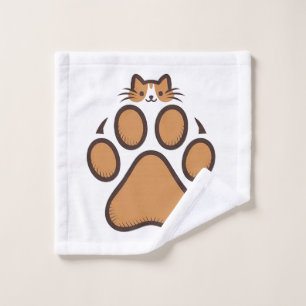 Cute Cat Hiding in Paw Print - Illustration Wash Cloth