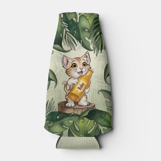 Cute Cat Holding Beer Jungle Leaves Cartoon Bottle Cooler (Front)
