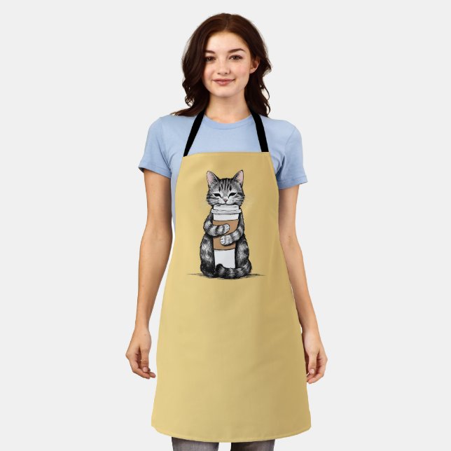 Cute Cat Holding Coffee  Apron (Worn)