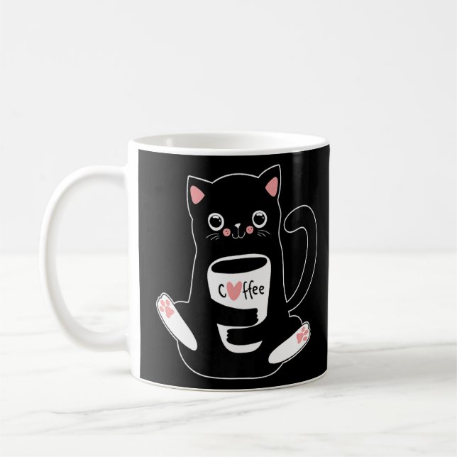 Cute Cat Holding Coffee Cup Line  (Left)
