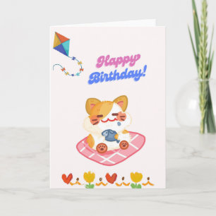 Cute Cat Holding Fish Happy Birthday Card - Funny