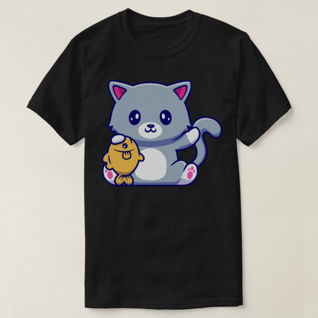 Cute Cat Holding Fish T-Shirt (Design Front)