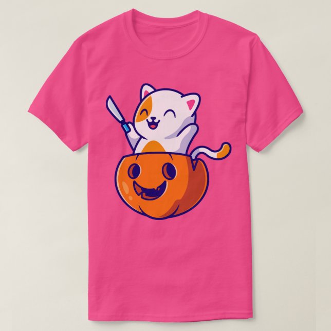 Cute Cat Holding Knife In Pumpkin Helloween Cartoo T-Shirt (Design Front)