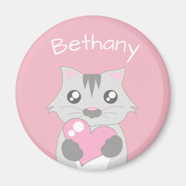 Cute Cat Holding Pink Heart Magnet (Front)