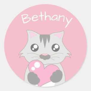 Cute Cat Holding Pink Heart Personalised Classic Round Sticker