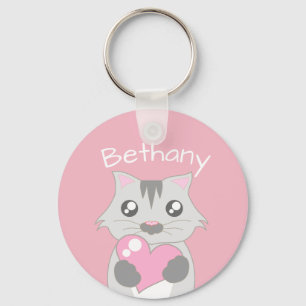 Cute Cat Holding Pink Heart Personalised Key Ring