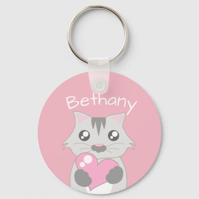 Cute Cat Holding Pink Heart Personalised Key Ring (Front)