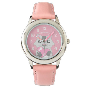 Cute Cat Holding Pink Heart Personalised Watch