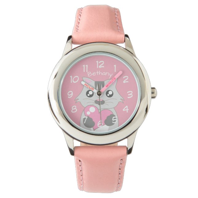 Cute Cat Holding Pink Heart Personalised Watch (Front)