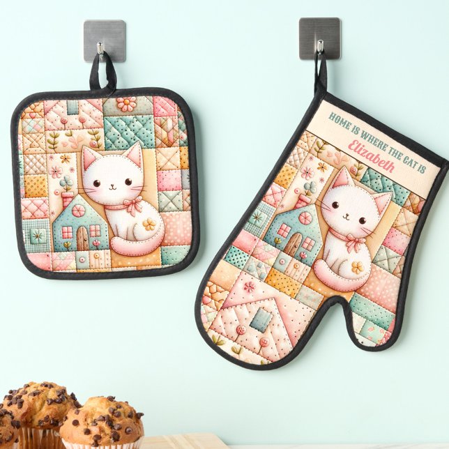 Cute Cat Home Patchwork Cosy Pastel Custom Name Oven Mitt & Pot Holder Set (Cute Cat Home Patchwork Cozy Pastel Custom Name Oven Mitt & Pot Holder Set)