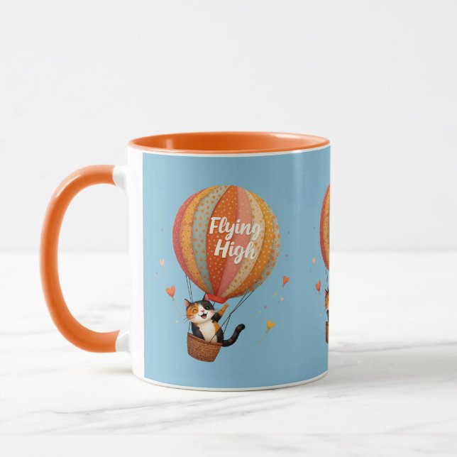 Cute Cat Hot Air Balloon Whimsical Art Blue Mug (Left)