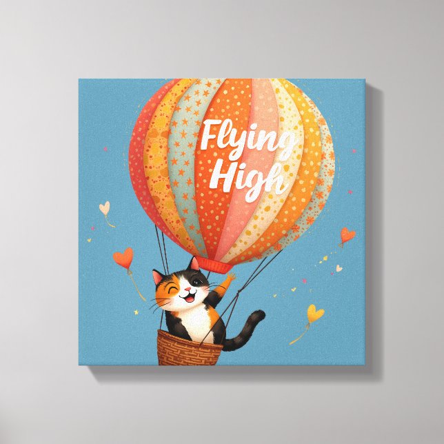 Cute Cat Hot Air Balloon Whimsical Art Canvas Print (Front)